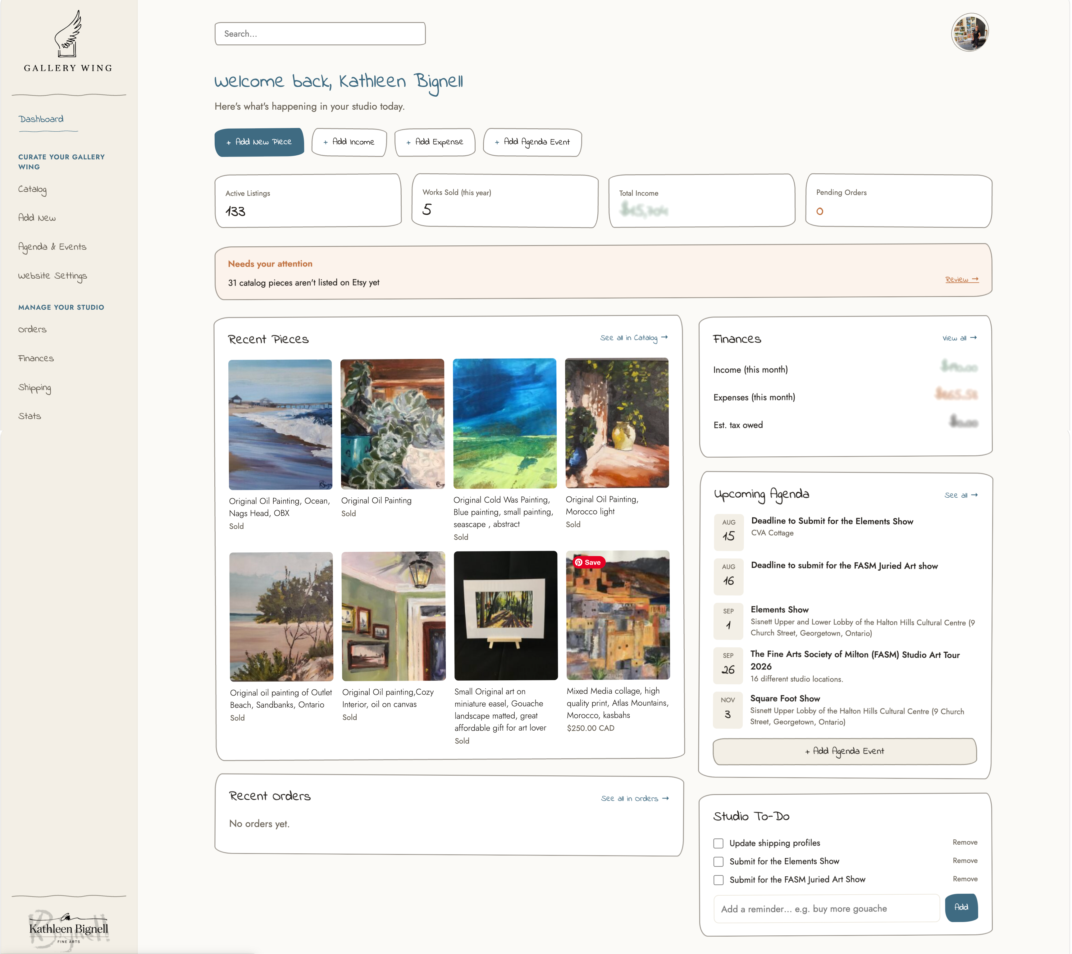 GalleryWing dashboard — catalog view