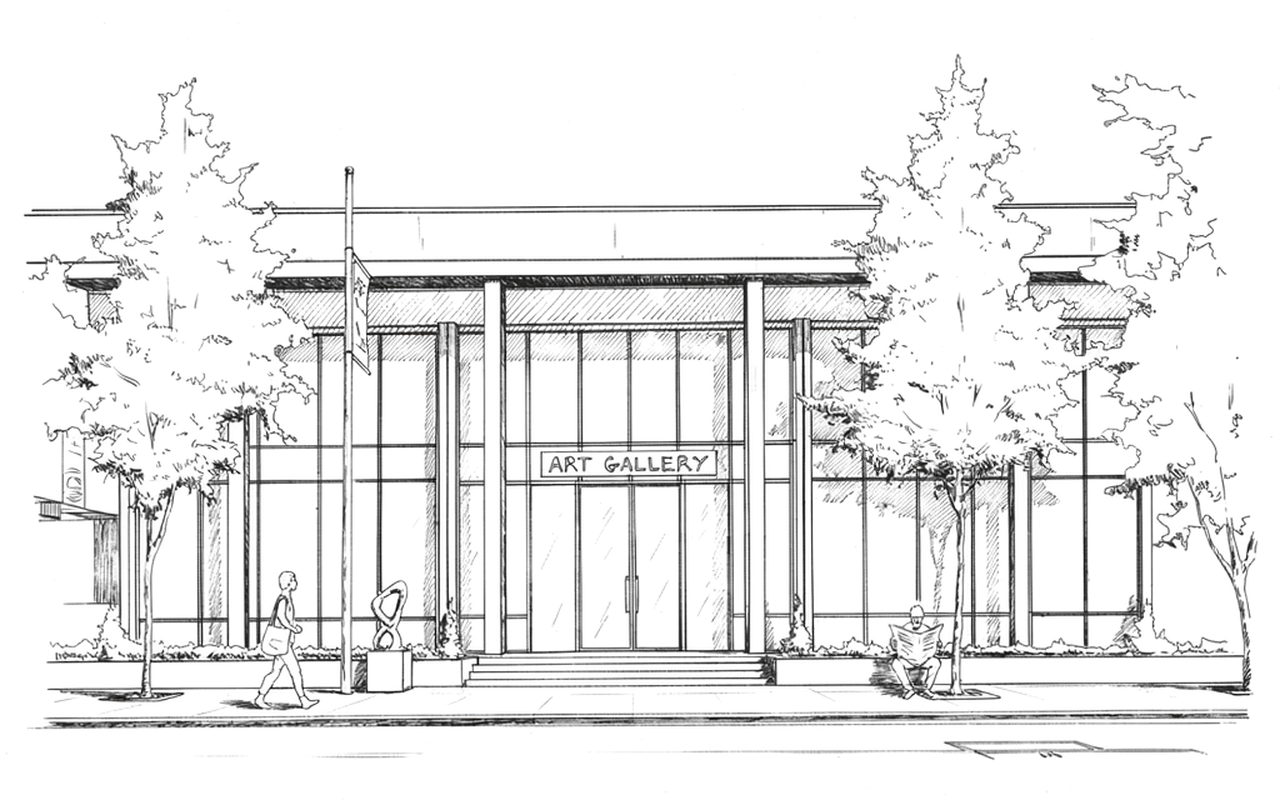Line-drawn illustration of a gallery storefront entrance